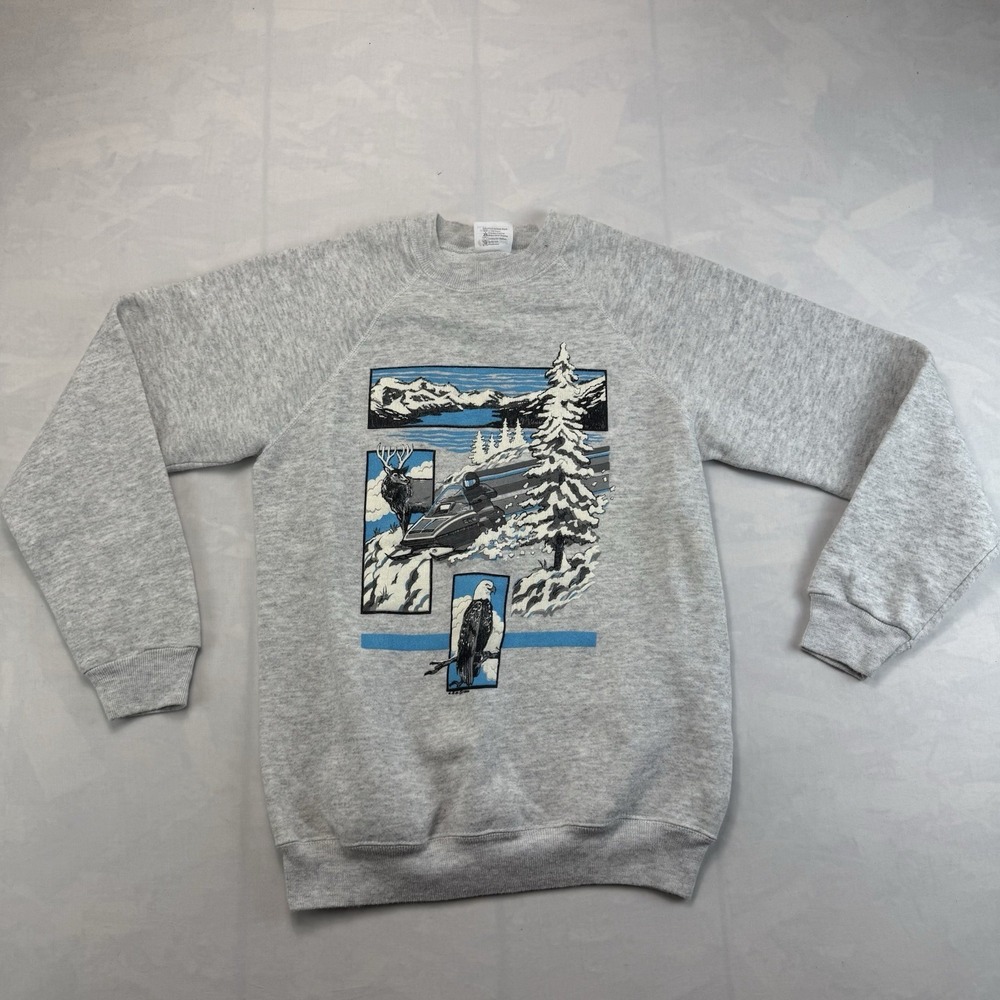 Vintage 90s Hanes USA Sweatshirt Snowmobile Eagle Deer Graphic Crewneck M